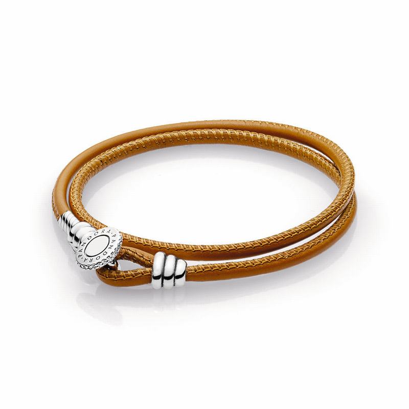 Pandora Golden Tan Double Leather Bracelet Online NZ, Sterling Silver (925438-NYV)